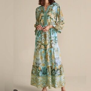 Soft Surroundings Baroque Maxi Dress Tiered floral Lined Beaded Size Medium vaca